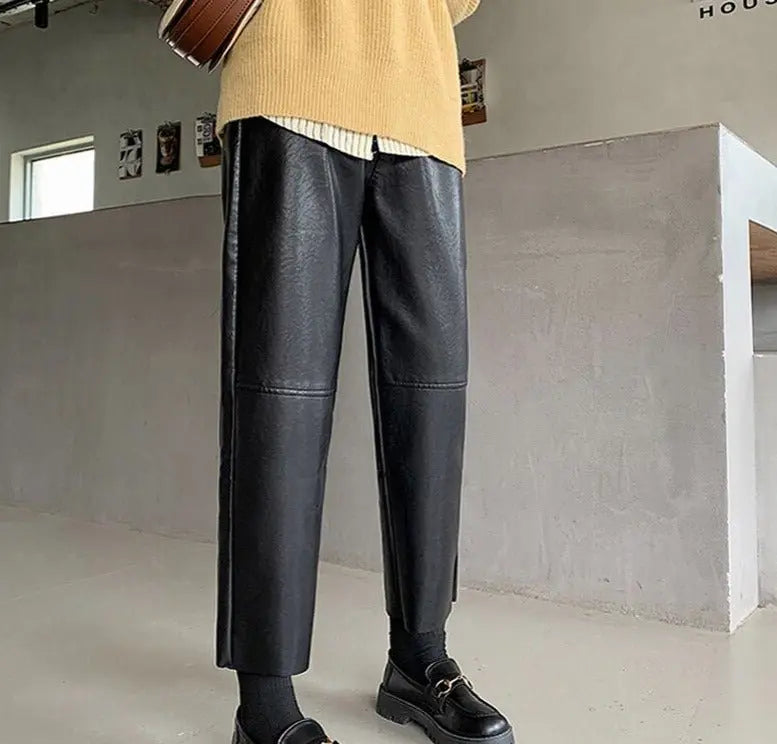 Spring Autumn PU Leather Pants Women High Waist Pockets Faux Leather Harem Pants - Blade & Thread