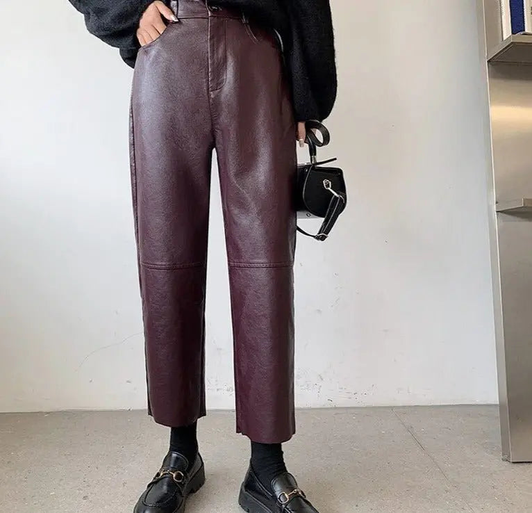 Spring Autumn PU Leather Pants Women High Waist Pockets Faux Leather Harem Pants - Blade & Thread