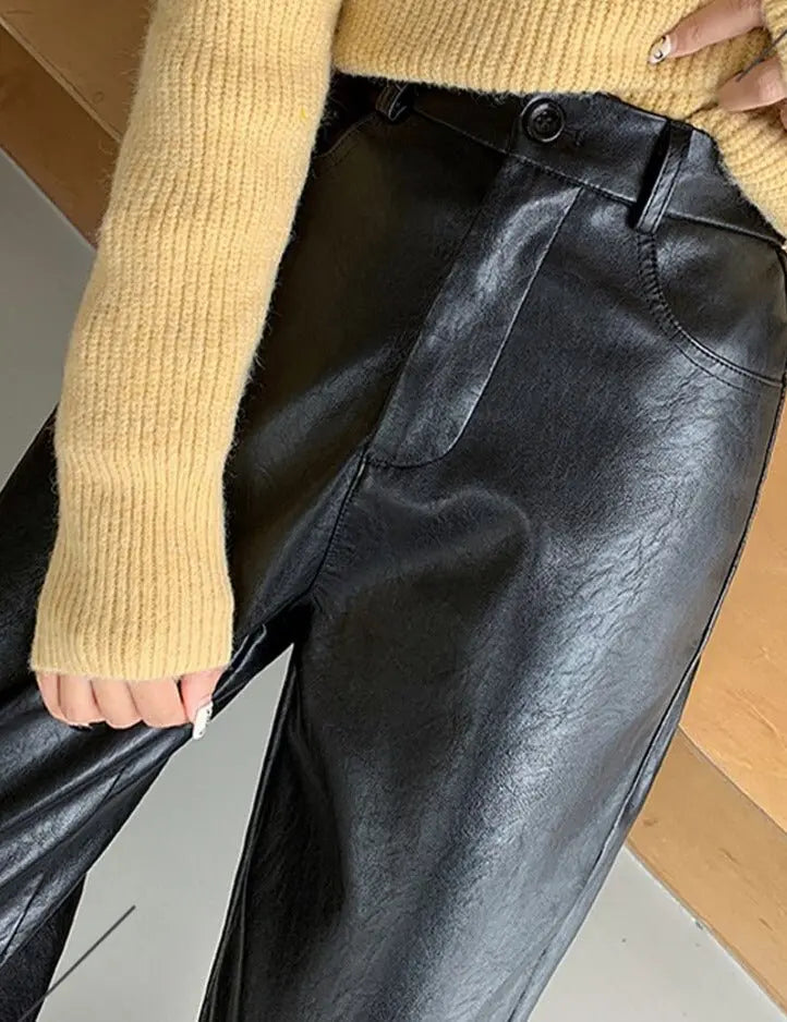 Spring Autumn PU Leather Pants Women High Waist Pockets Faux Leather Harem Pants - Blade & Thread