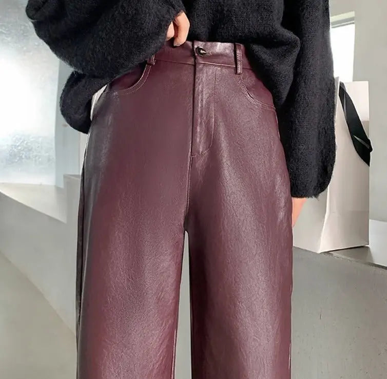 Spring Autumn PU Leather Pants Women High Waist Pockets Faux Leather Harem Pants - Blade & Thread