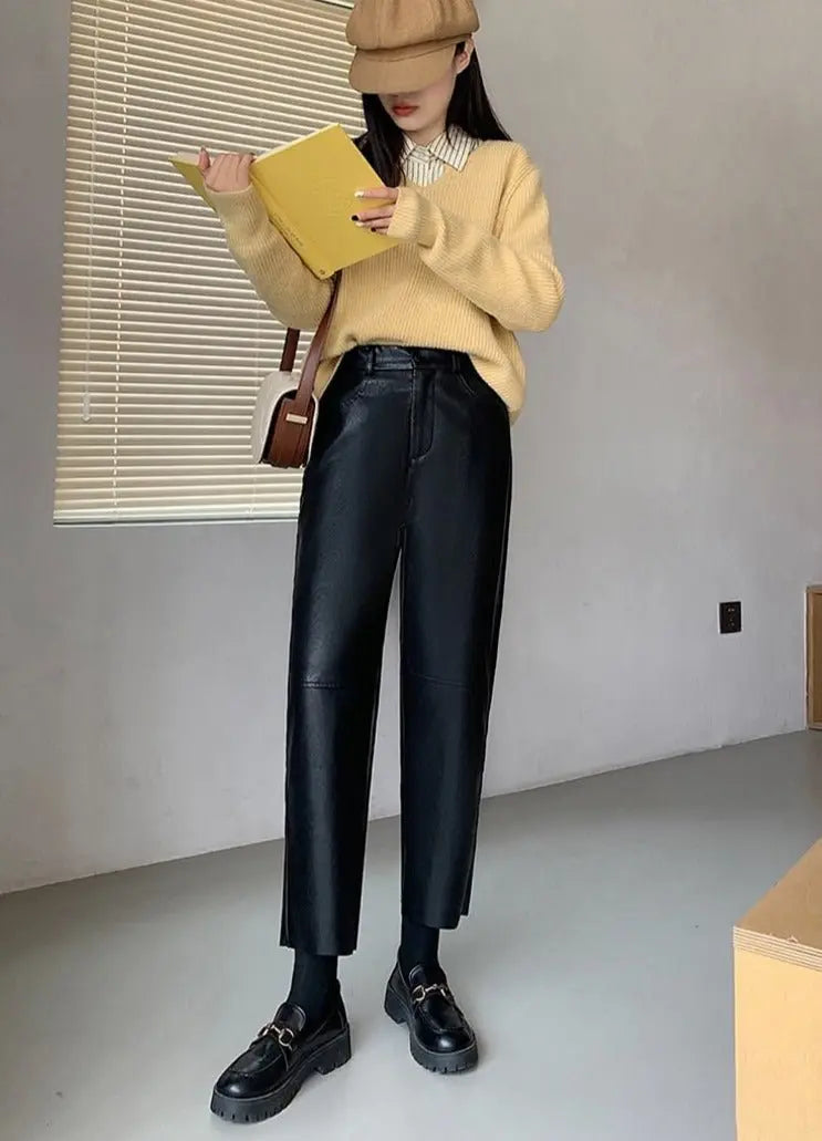 Spring Autumn PU Leather Pants Women High Waist Pockets Faux Leather Harem Pants nowadaysfashion