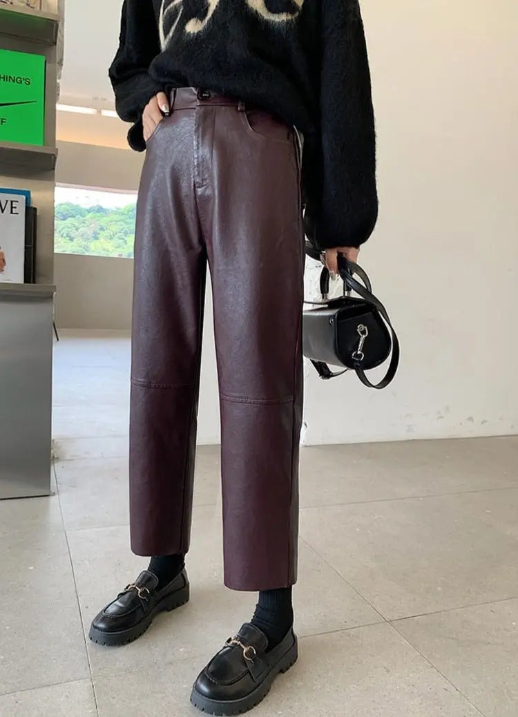 Spring Autumn PU Leather Pants Women High Waist Pockets Faux Leather Harem Pants - Blade & Thread
