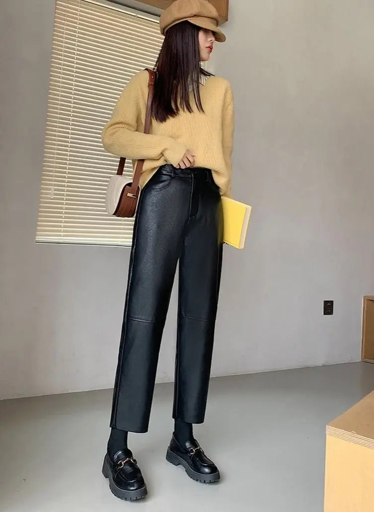 Spring Autumn PU Leather Pants Women High Waist Pockets Faux Leather Harem Pants - Blade & Thread