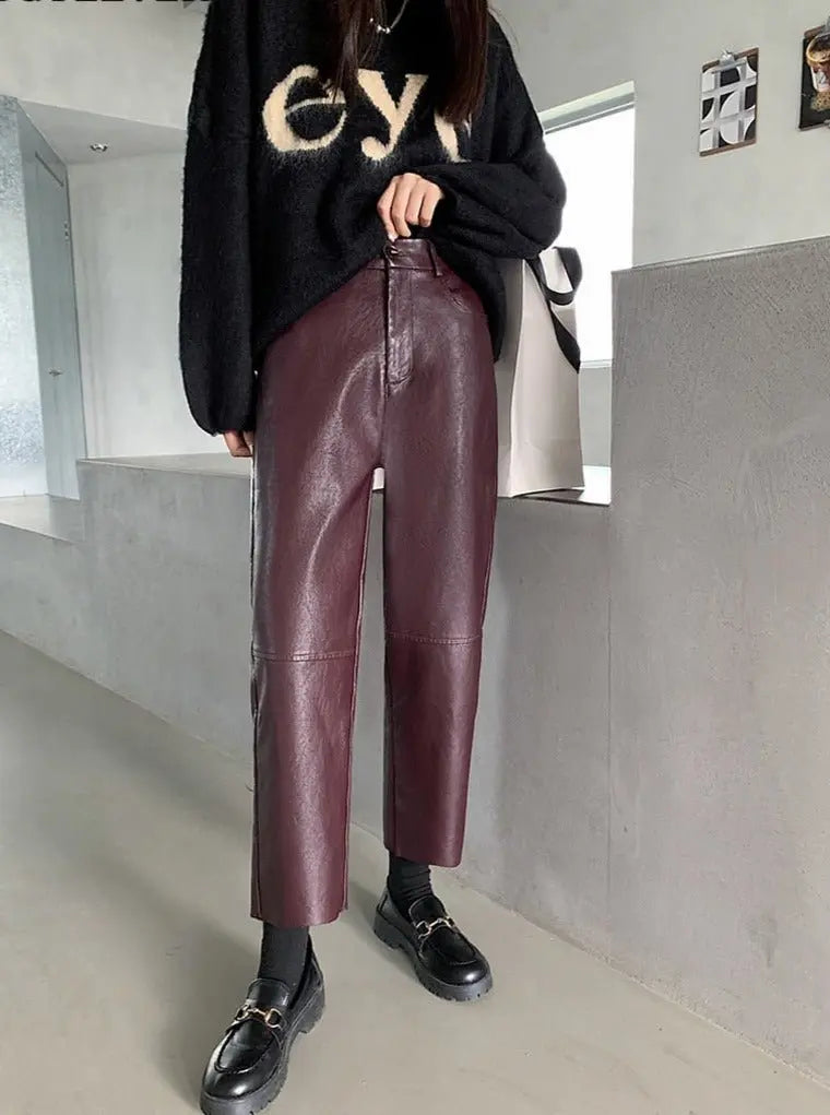 Spring Autumn PU Leather Pants Women High Waist Pockets Faux Leather Harem Pants - Blade & Thread