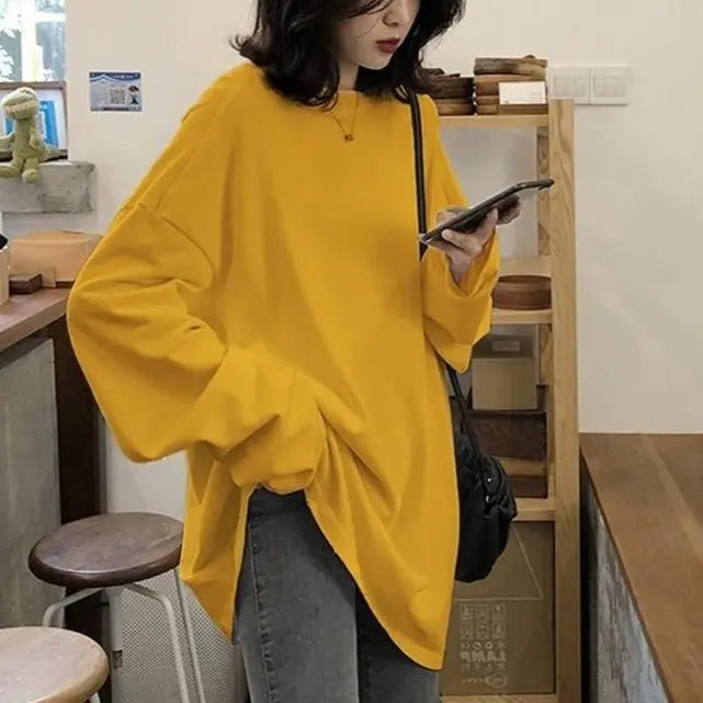 spring autumn Solid long Sleeve oversized tshirt harajuku long T Shirt Women kawaii T-shirts - Blade & Thread