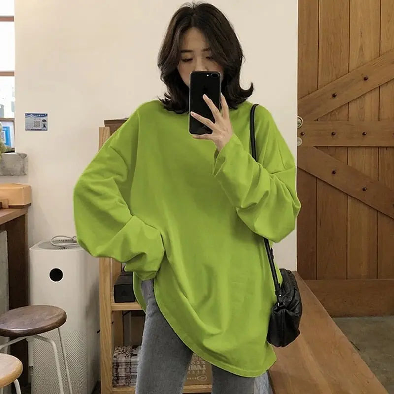 spring autumn Solid long Sleeve oversized tshirt harajuku long T Shirt Women kawaii T-shirts - Blade & Thread