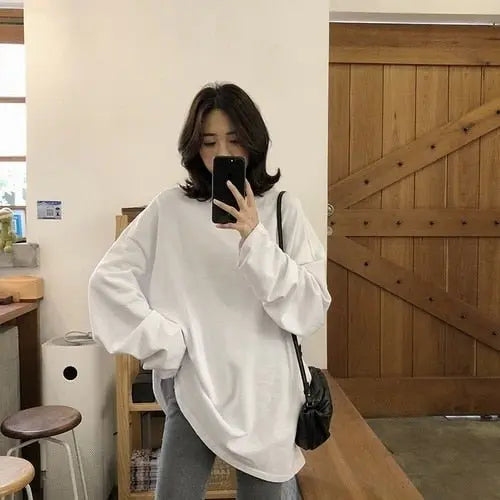 spring autumn Solid long Sleeve oversized tshirt harajuku long T Shirt Women kawaii T-shirts nowadaysfashion