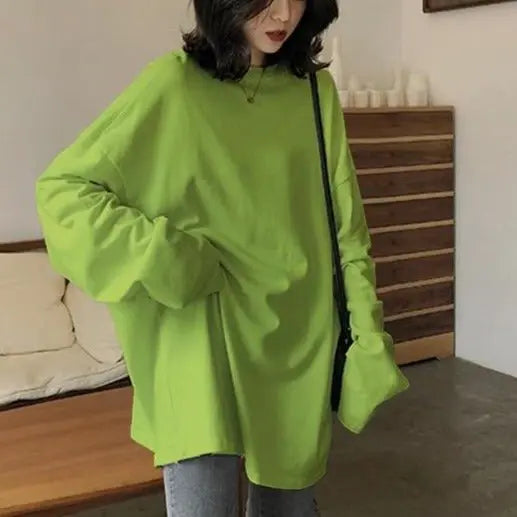 spring autumn Solid long Sleeve oversized tshirt harajuku long T Shirt Women kawaii T-shirts - Blade & Thread
