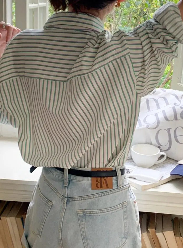 Spring Autumn Striped Blouses Long Sleeve Single-breasted Pocket Women Shirts Tops - Blade & Thread