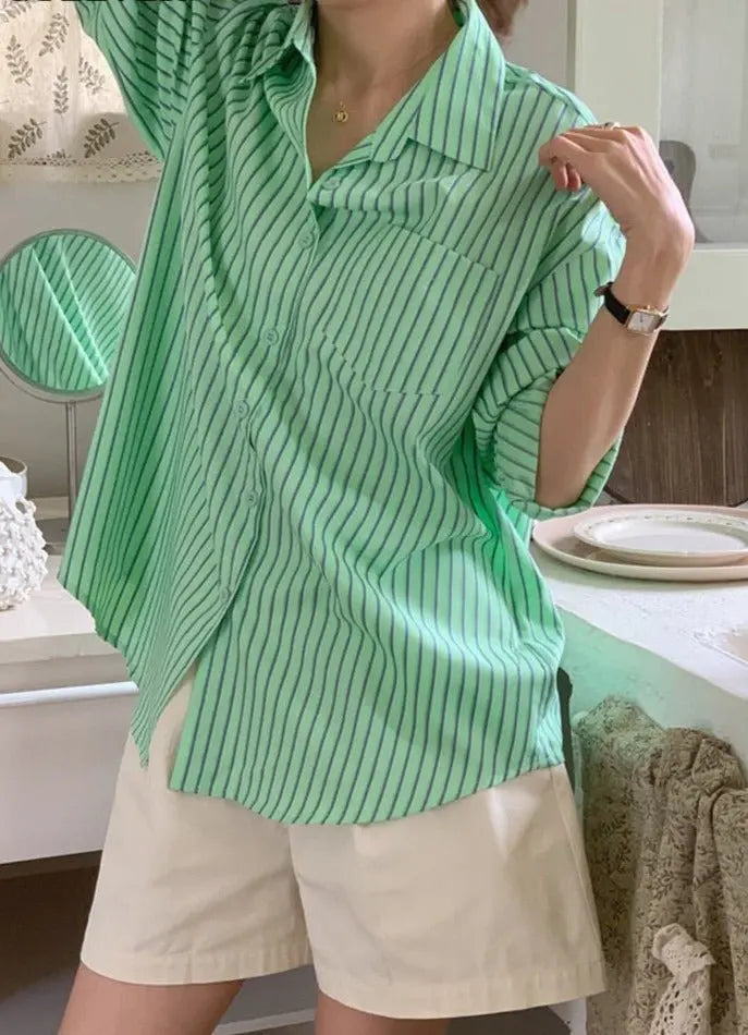 Spring Autumn Striped Blouses Long Sleeve Single-breasted Pocket Women Shirts Tops - Blade & Thread