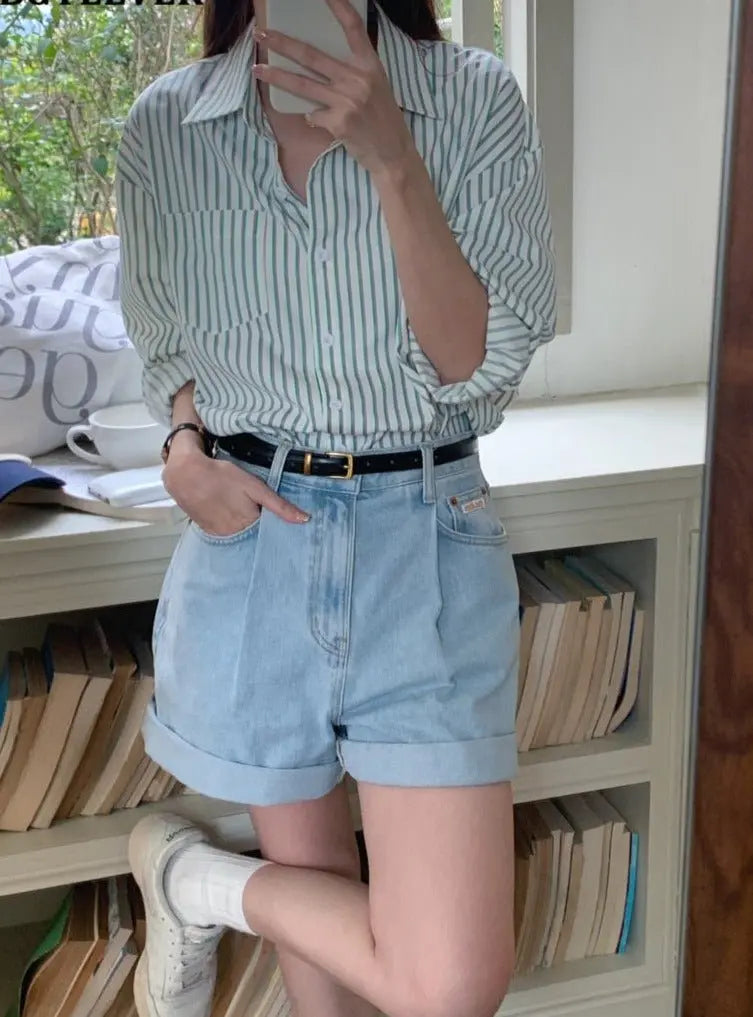 Spring Autumn Striped Blouses Long Sleeve Single-breasted Pocket Women Shirts Tops - Blade & Thread