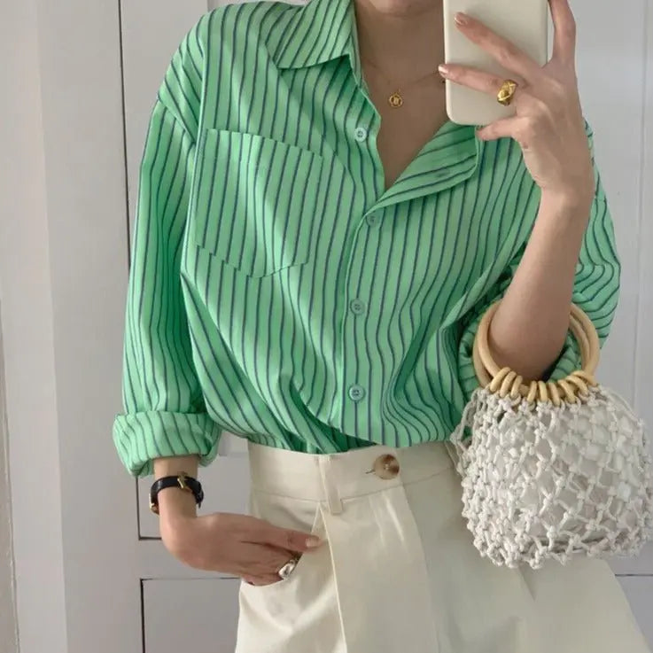 Spring Autumn Striped Blouses Long Sleeve Single-breasted Pocket Women Shirts Tops - Blade & Thread
