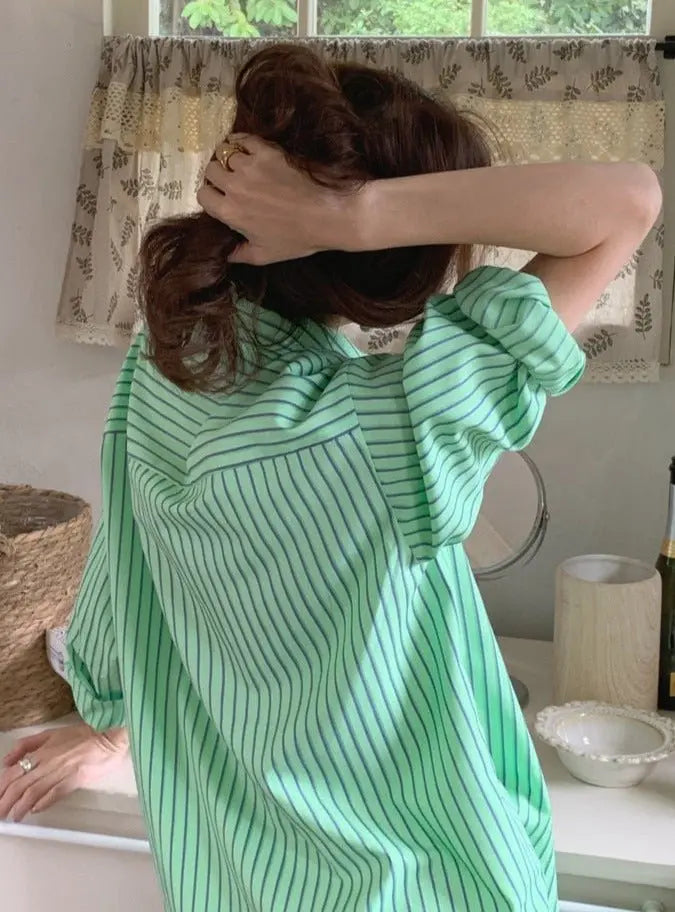 Spring Autumn Striped Blouses Long Sleeve Single-breasted Pocket Women Shirts Tops - Blade & Thread