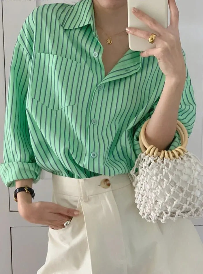 Spring Autumn Striped Blouses Long Sleeve Single-breasted Pocket Women Shirts Tops - Blade & Thread