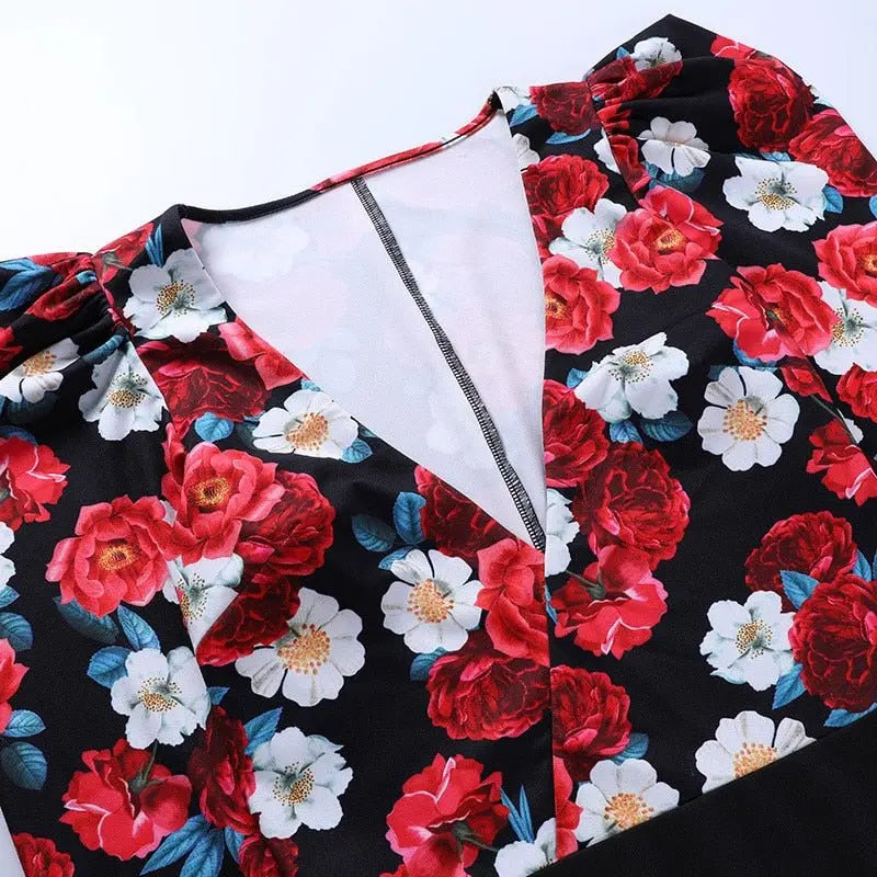 Spring Elegant Boho Print Bodysuits Rompers Women Jumpsuits Puff Sleeve Skinny Sexy V-neck - Blade & Thread