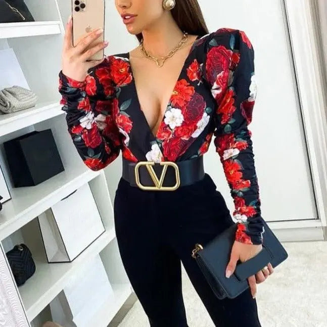 Spring Elegant Boho Print Bodysuits Rompers Women Jumpsuits Puff Sleeve Skinny Sexy V-neck - Blade & Thread