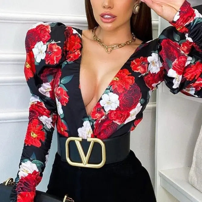 Spring Elegant Boho Print Bodysuits Rompers Women Jumpsuits Puff Sleeve Skinny Sexy V-neck - Blade & Thread