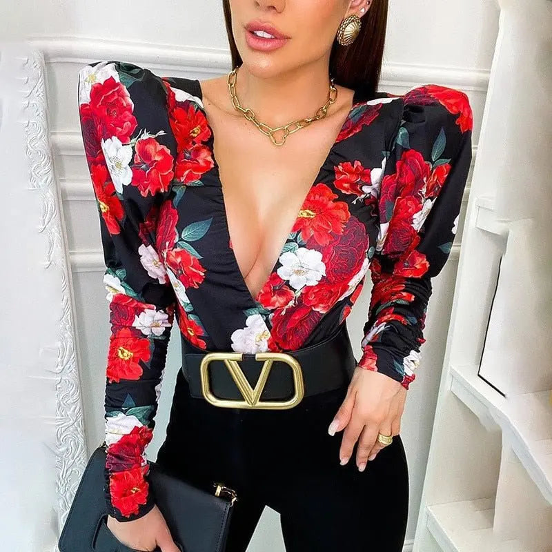 Spring Elegant Boho Print Bodysuits Rompers Women Jumpsuits Puff Sleeve Skinny Sexy V-neck - Blade & Thread