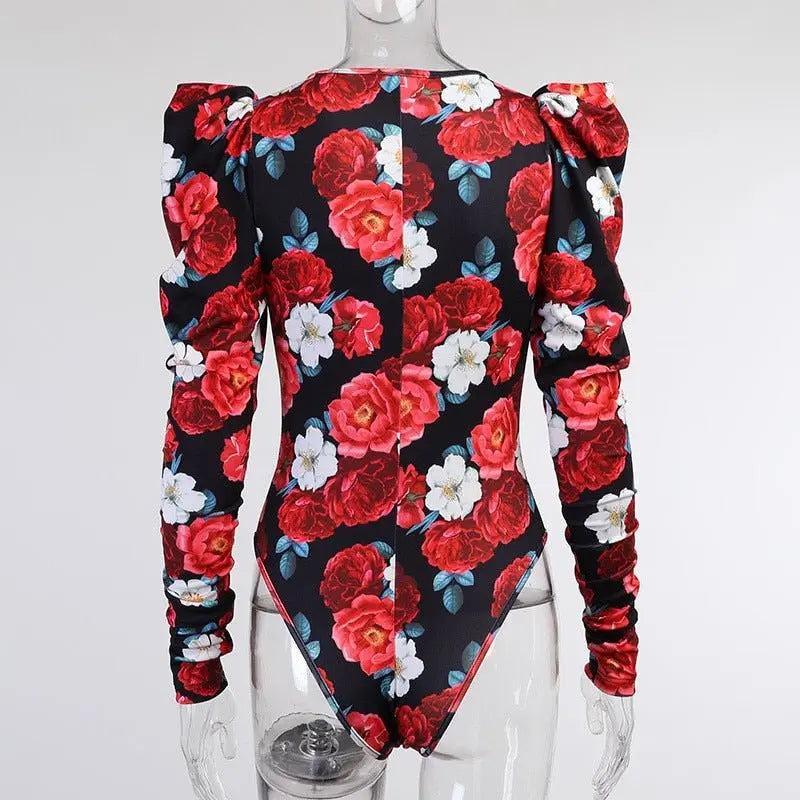 Spring Elegant Boho Print Bodysuits Rompers Women Jumpsuits Puff Sleeve Skinny Sexy V-neck - Blade & Thread