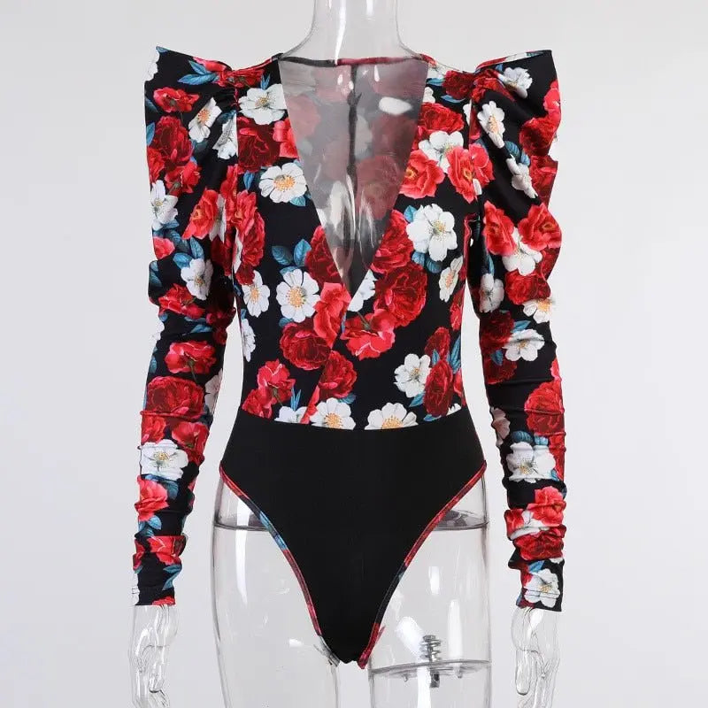 Spring Elegant Boho Print Bodysuits Rompers Women Jumpsuits Puff Sleeve Skinny Sexy V-neck - Blade & Thread