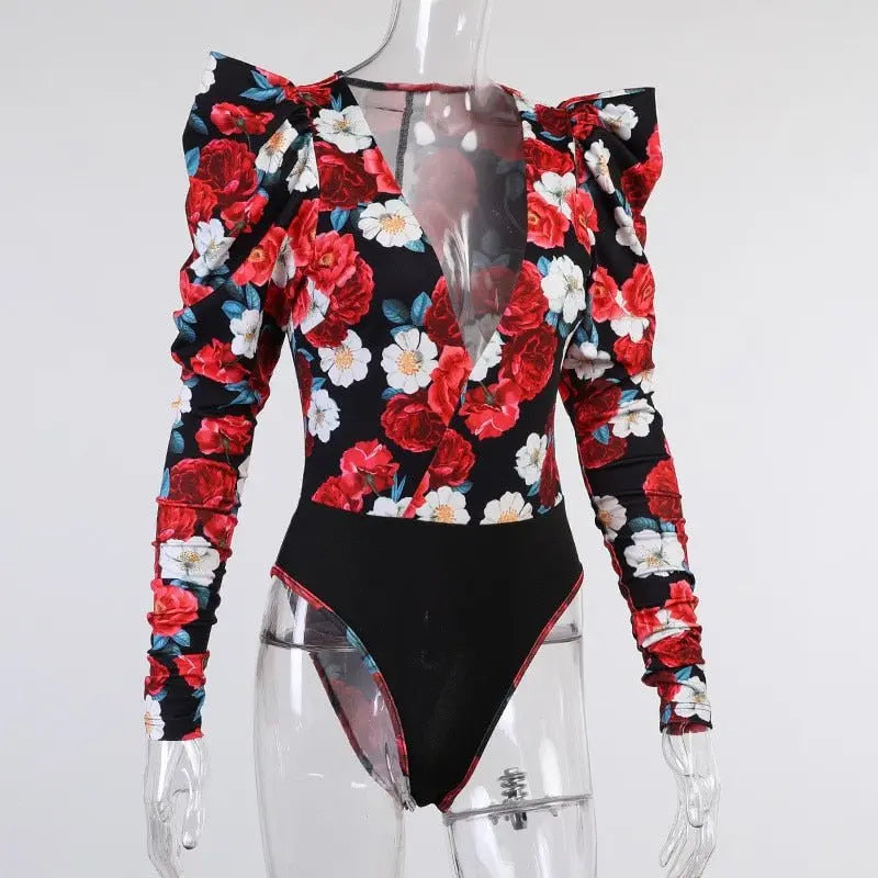 Spring Elegant Boho Print Bodysuits Rompers Women Jumpsuits Puff Sleeve Skinny Sexy V-neck - Blade & Thread