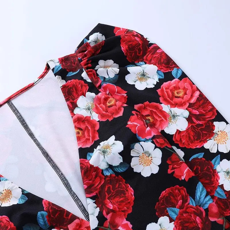 Spring Elegant Boho Print Bodysuits Rompers Women Jumpsuits Puff Sleeve Skinny Sexy V-neck - Blade & Thread