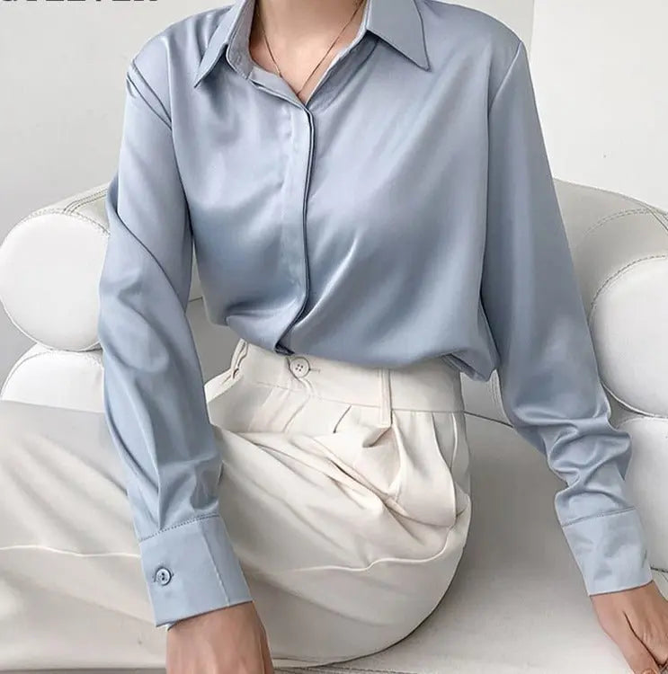 Spring Loose Women Satin Blouses Long Sleeve Single-breasted Female Shirts Top - Blade & Thread