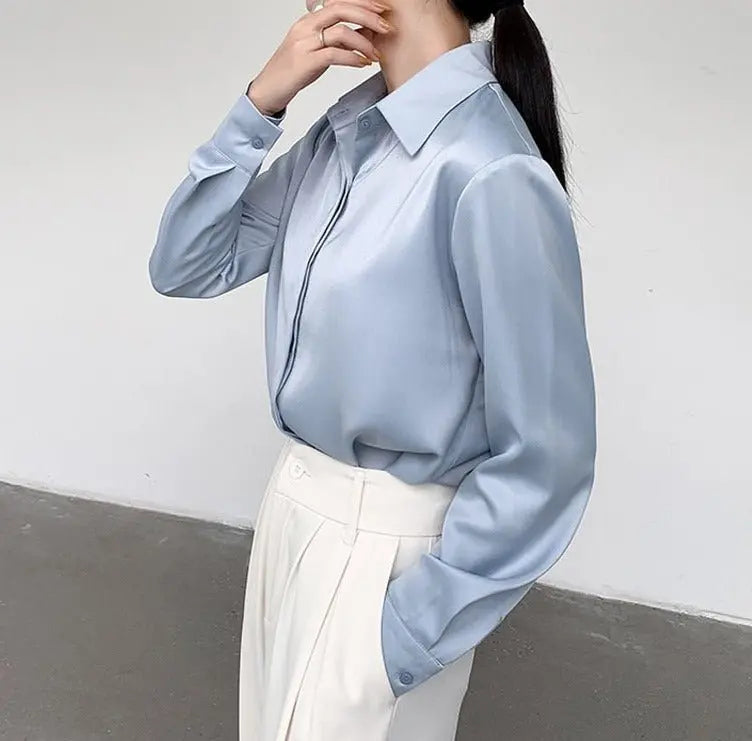 Spring Loose Women Satin Blouses Long Sleeve Single-breasted Female Shirts Top - Blade & Thread