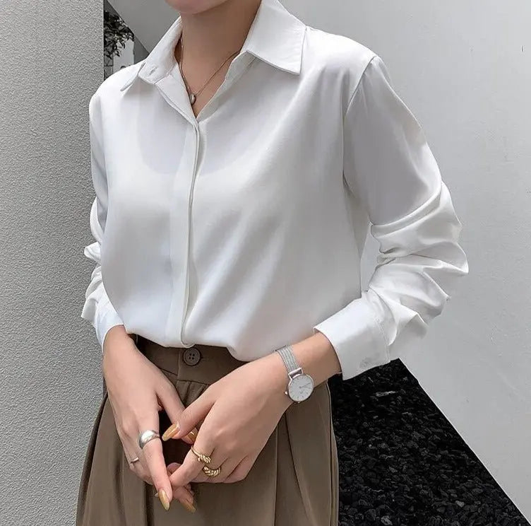 Spring Loose Women Satin Blouses Long Sleeve Single-breasted Female Shirts Top - Blade & Thread