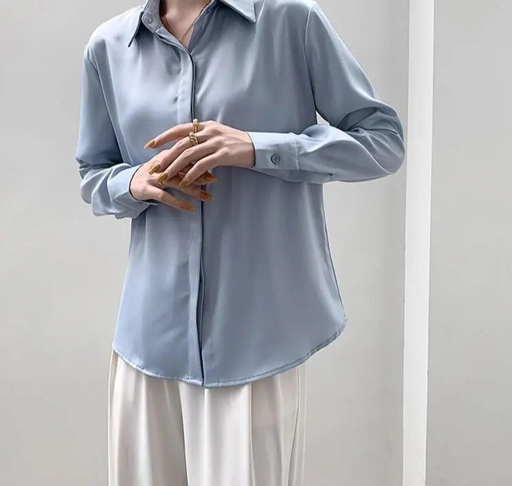 Spring Loose Women Satin Blouses Long Sleeve Single-breasted Female Shirts Top nowadaysfashion