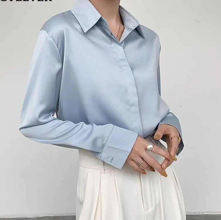 Spring Loose Women Satin Blouses Long Sleeve Single-breasted Female Shirts Top - Blade & Thread