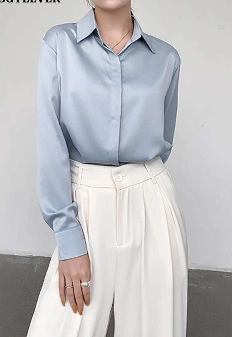 Spring Loose Women Satin Blouses Long Sleeve Single-breasted Female Shirts Top - Blade & Thread