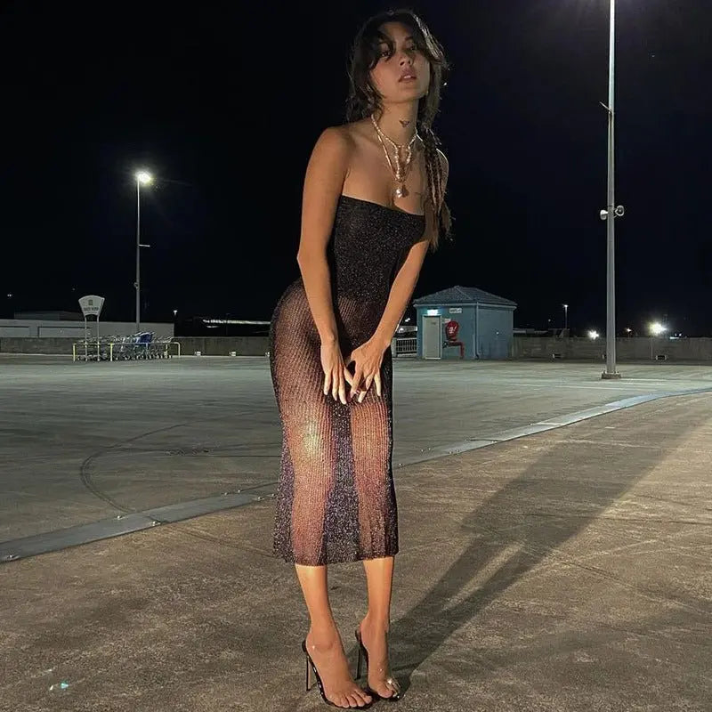 Spring low-cut solid mesh bandeau dress nowadaysfashion