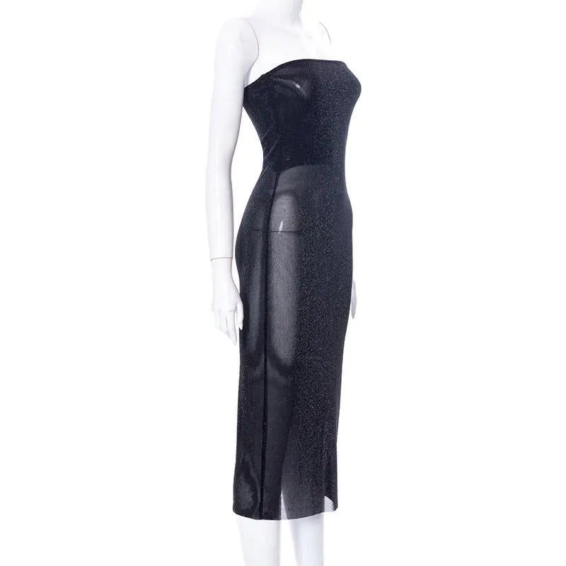 Spring low-cut solid mesh bandeau dress - Blade & Thread
