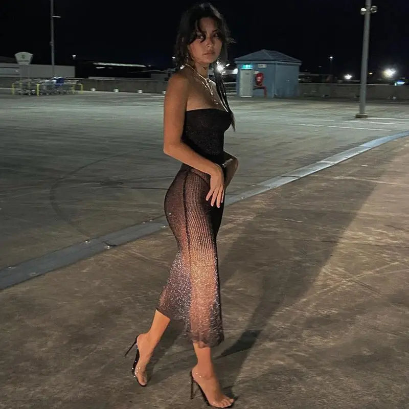 Spring low-cut solid mesh bandeau dress nowadaysfashion
