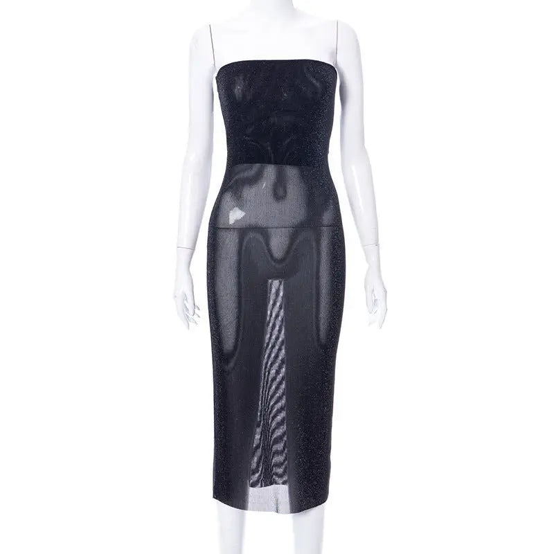 Spring low-cut solid mesh bandeau dress - Blade & Thread