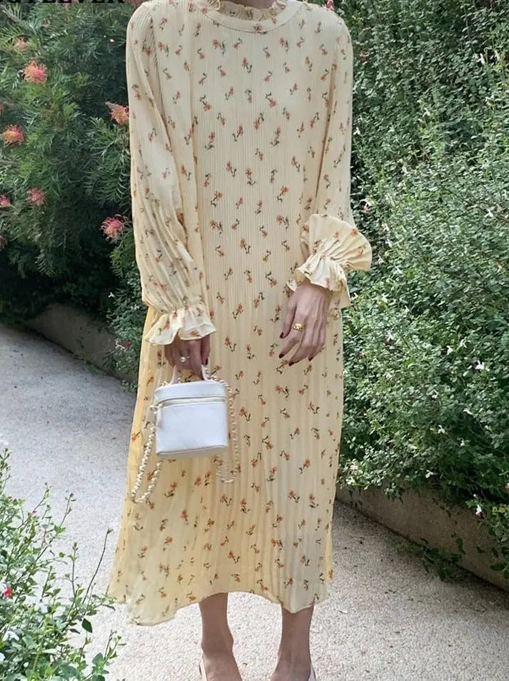 Spring Summer Flare Sleeve Loose Female Pleated Dress vestidos nowadaysfashion