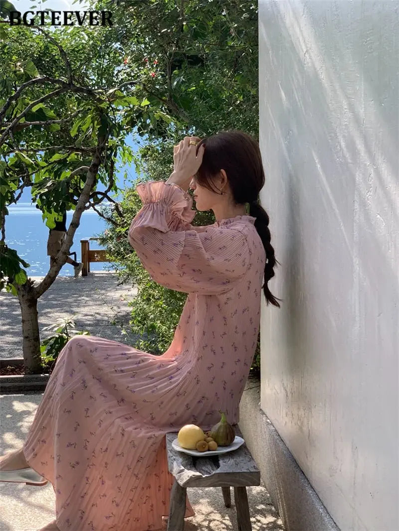 Spring Summer Flare Sleeve Loose Female Pleated Dress vestidos - Blade & Thread
