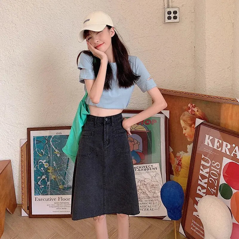 Spring Summer High Waist Denim Skirts Women Casual A-line Zipper Jeans - Blade & Thread