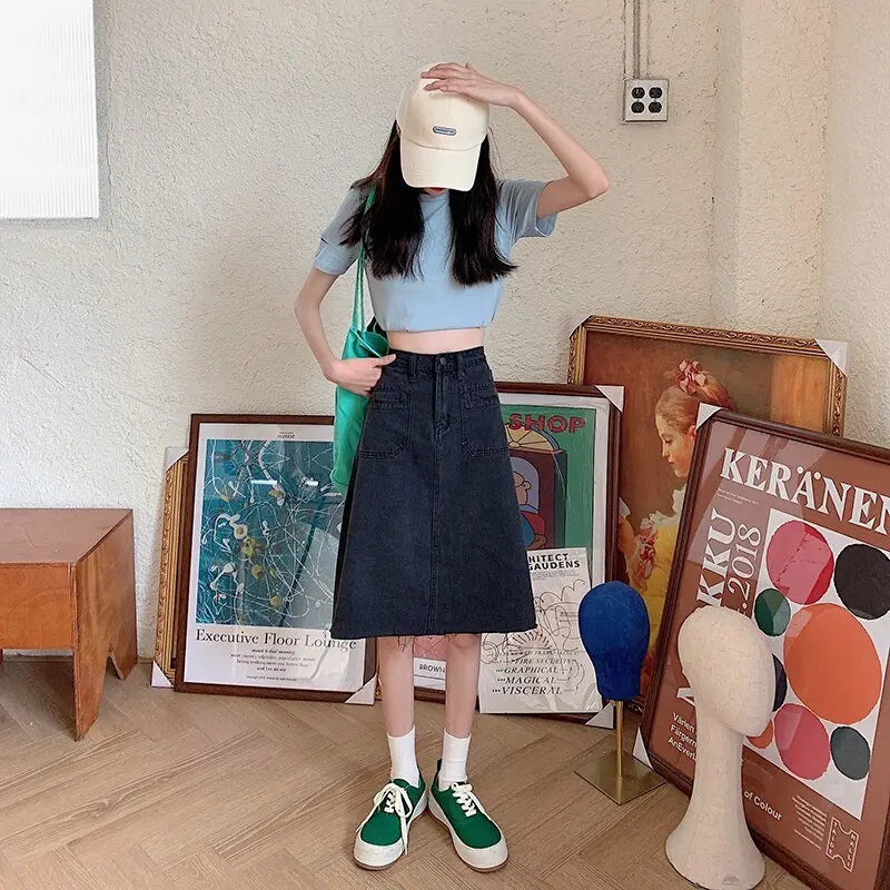 Spring Summer High Waist Denim Skirts Women Casual A-line Zipper Jeans - Blade & Thread