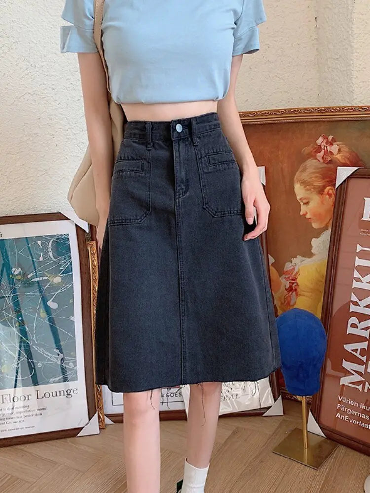 Spring Summer High Waist Denim Skirts Women Casual A-line Zipper Jeans - Blade & Thread