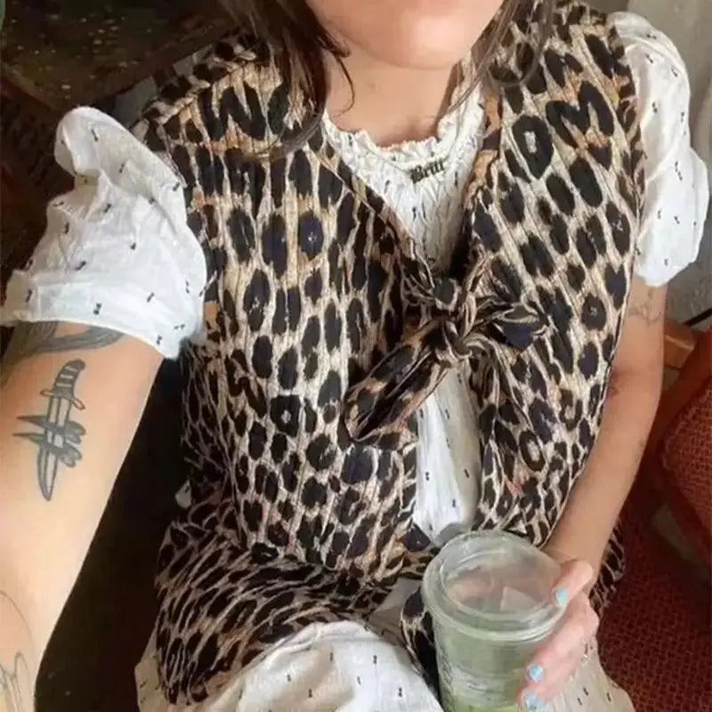 Spring/Summer V-neck Bow Decoration Fashion Leopard Pattern Vest nowadaysfashion