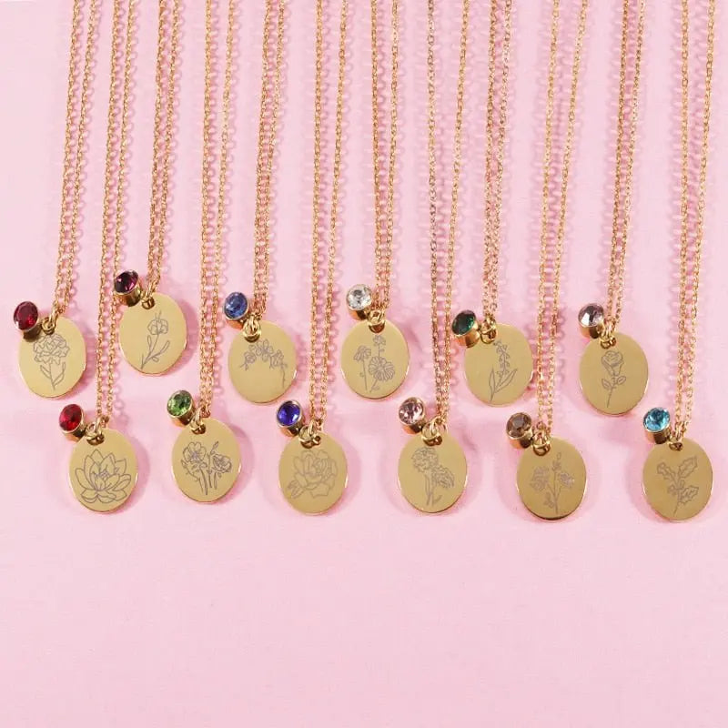 Stainless Steel Birth Flower Necklaces Birthstone Choker Necklace - Blade & Thread