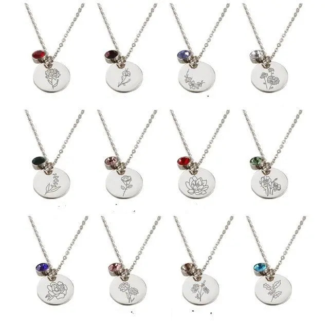 Stainless Steel Birth Flower Necklaces Birthstone Choker Necklace - Blade & Thread