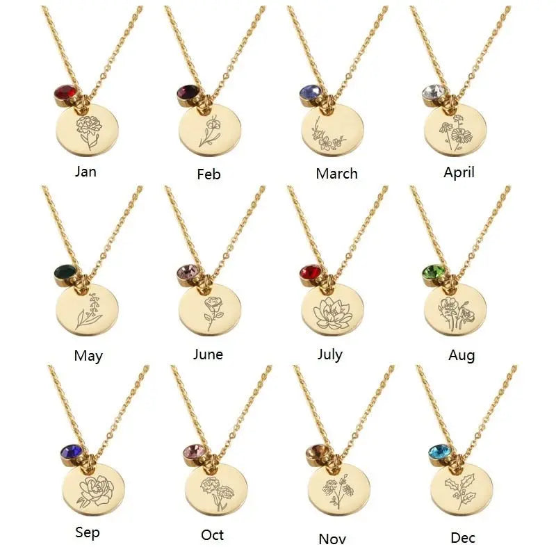 Stainless Steel Birth Flower Necklaces Birthstone Choker Necklace - Blade & Thread