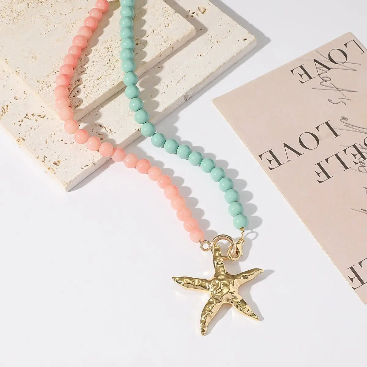 starfish necklace glass beaded red green necklace - Blade & Thread