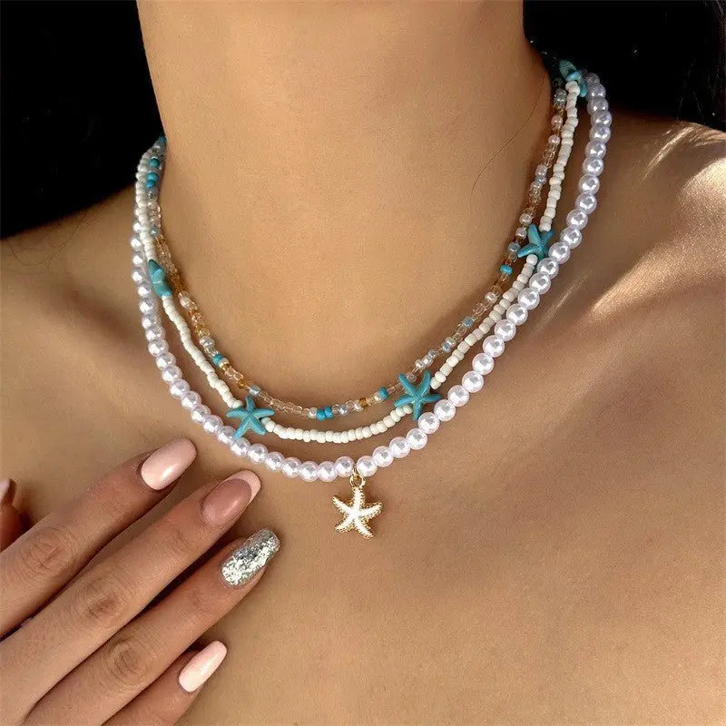 starfish necklace pearl multi-layer stacking necklace nowadaysfashion