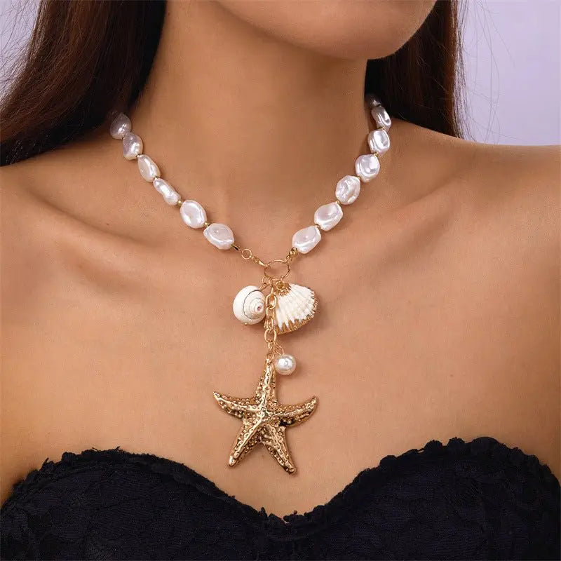starfish necklace pearl multi-layer stacking necklace nowadaysfashion