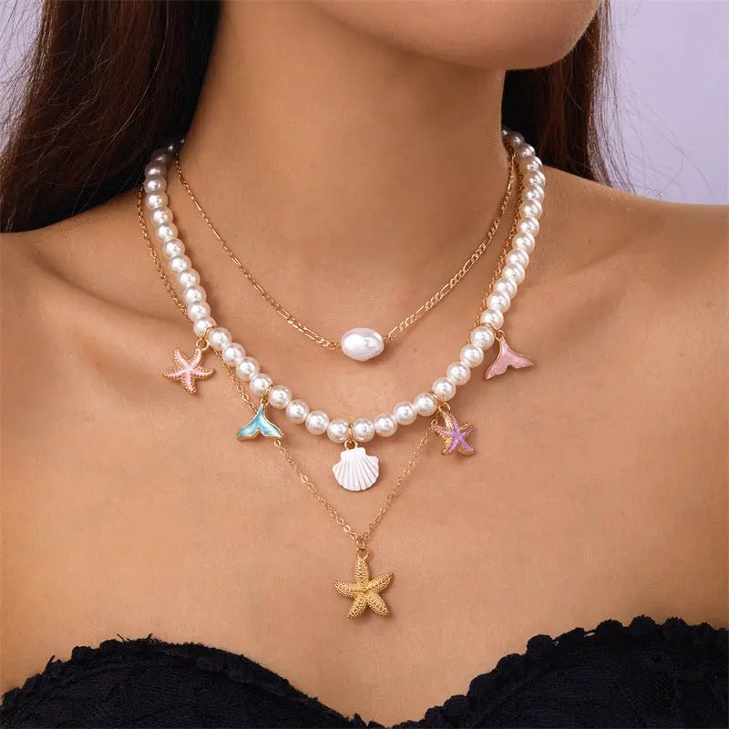 starfish necklace pearl multi-layer stacking necklace nowadaysfashion