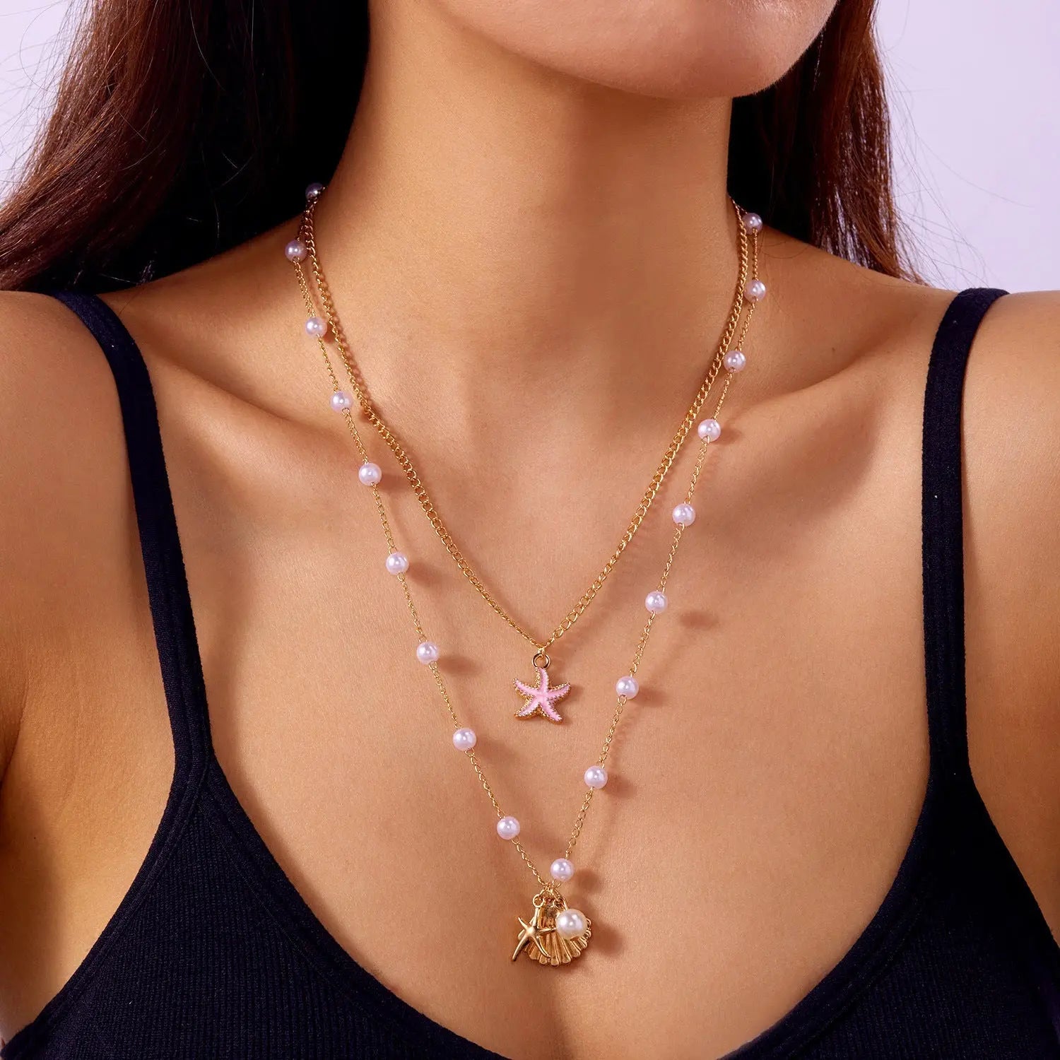 starfish necklace pearl multi-layer stacking necklace nowadaysfashion